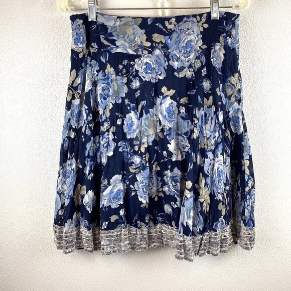 INC Women Floral Boho Flowy Pleated Skirt W/Wide Sequin Trim Blue & White SZ 6 - Picture 12 of 12
